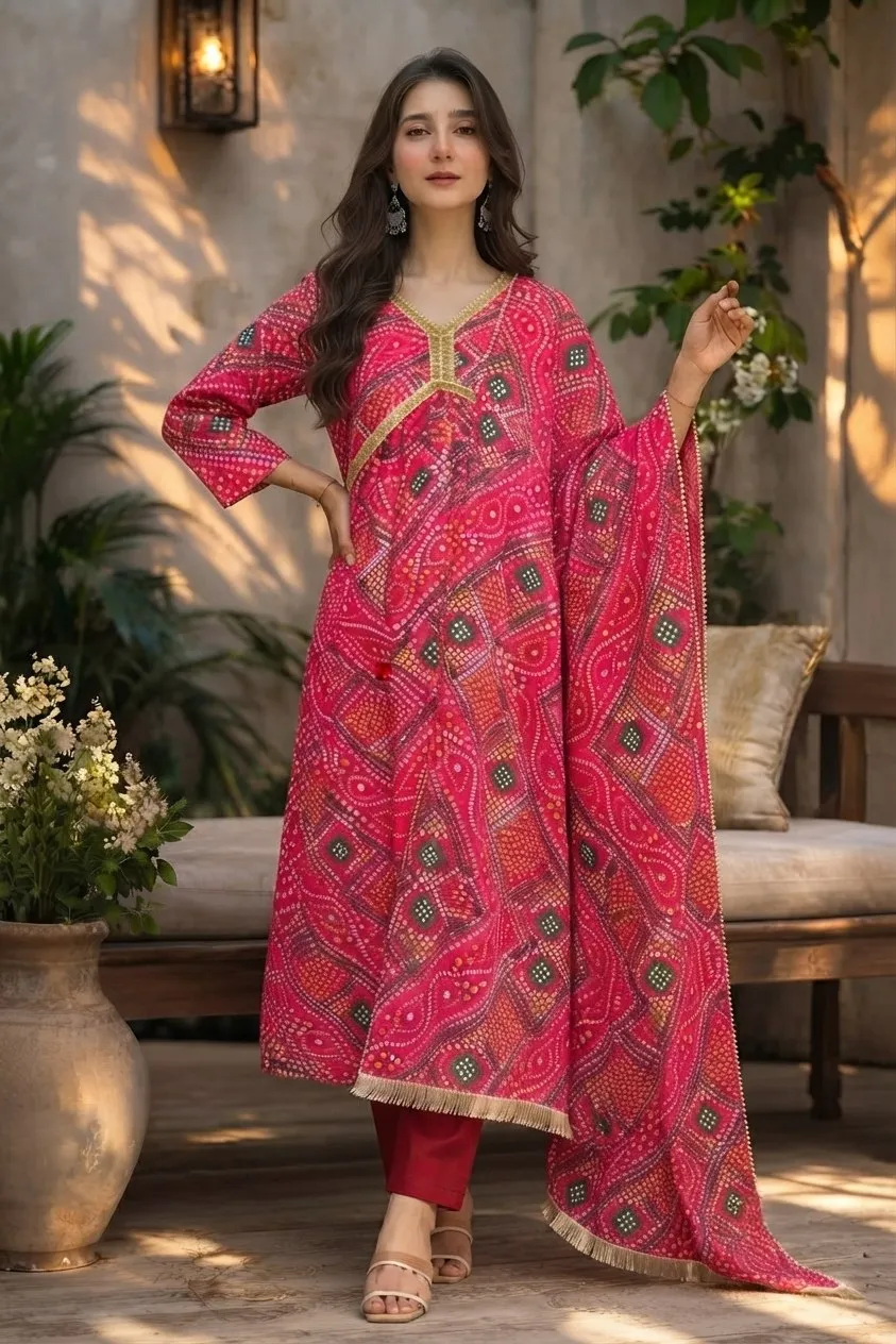 Shiv 372 Delta Silk Bandhani Printed Gown Pant Dupatta Supplier in Surat