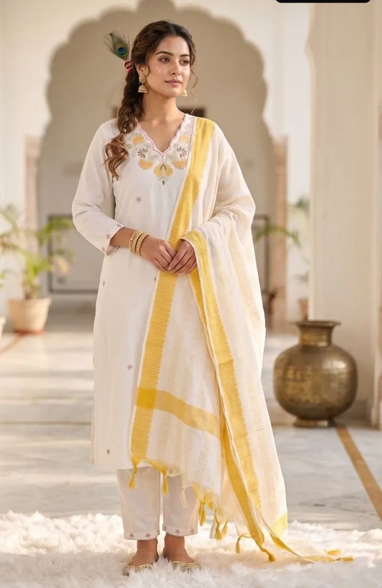 KR 417 Khadi Cotton Embroidery Thread Work Office Wear Readymade Dress