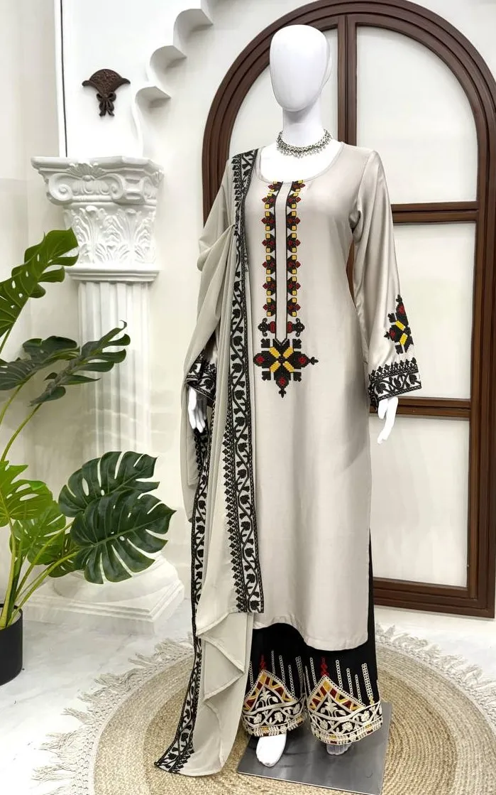 Deepika 6049 Rayon Satin Thread work 3-Piece Set Dress for Women
