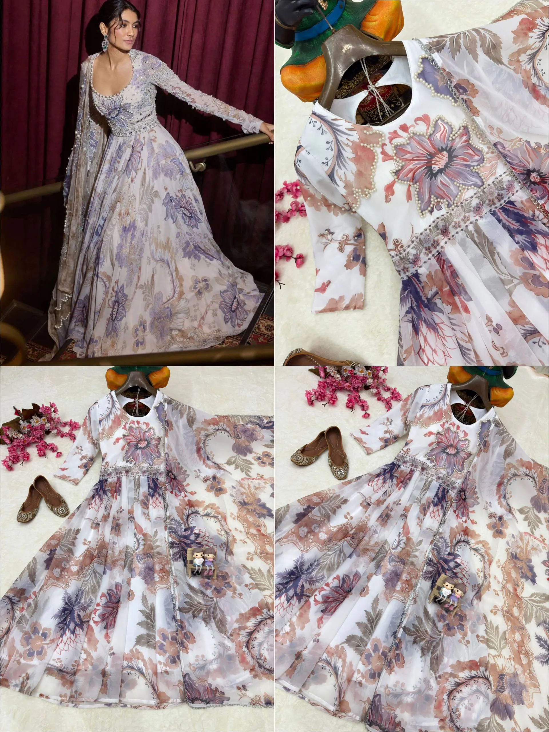 C585 241 Georgette Pearl Printed Work Rakhi Special Anarkali Gown for Women