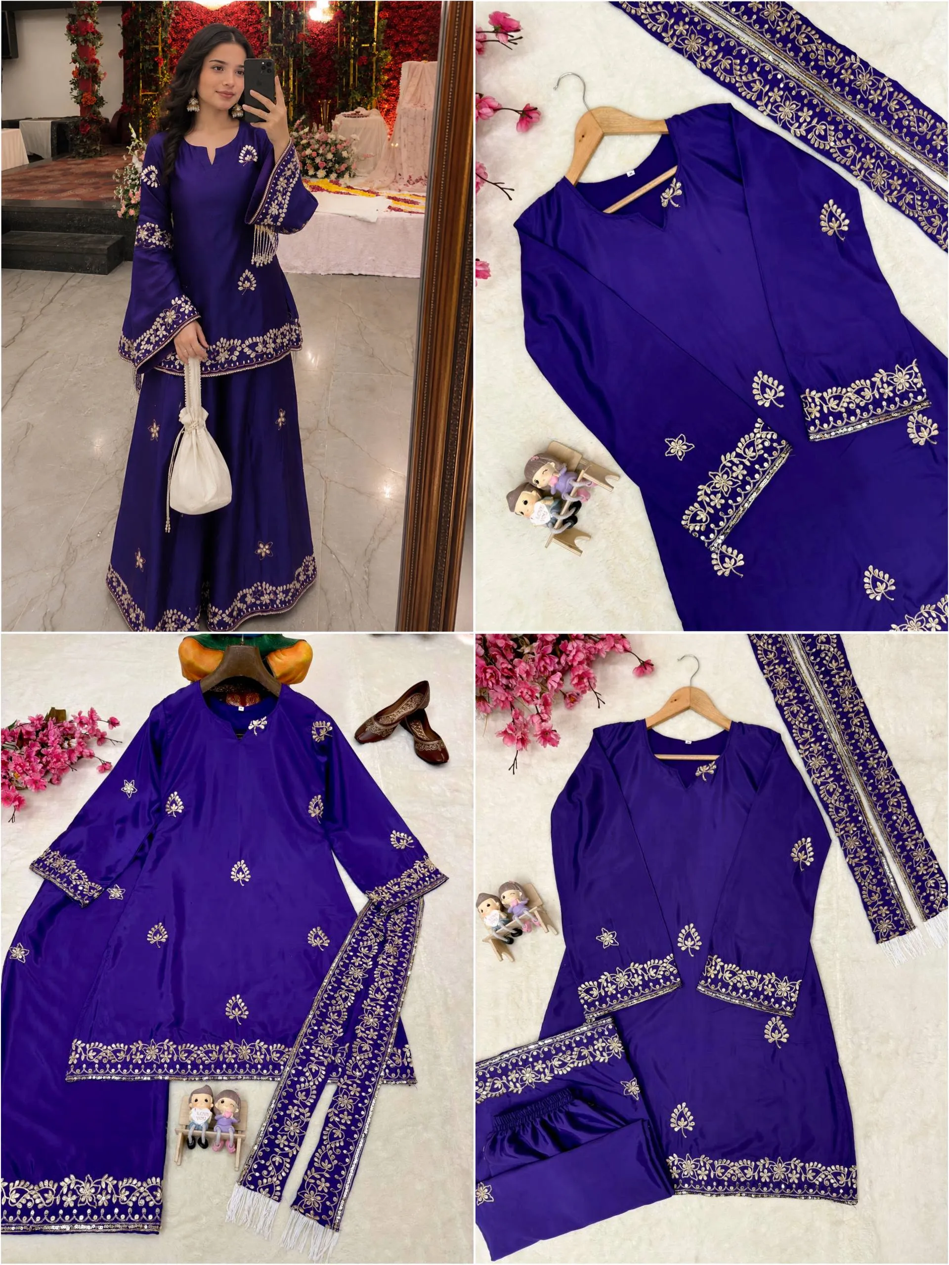 C585 243 French Crepe Sequence Embroidery Work Wedding Wear Kurti Plazzo Set