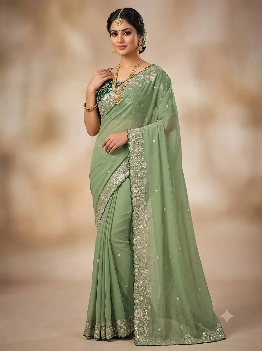 Kusum Star Georgette Silk Thread Embroidery Work Saree Market in India