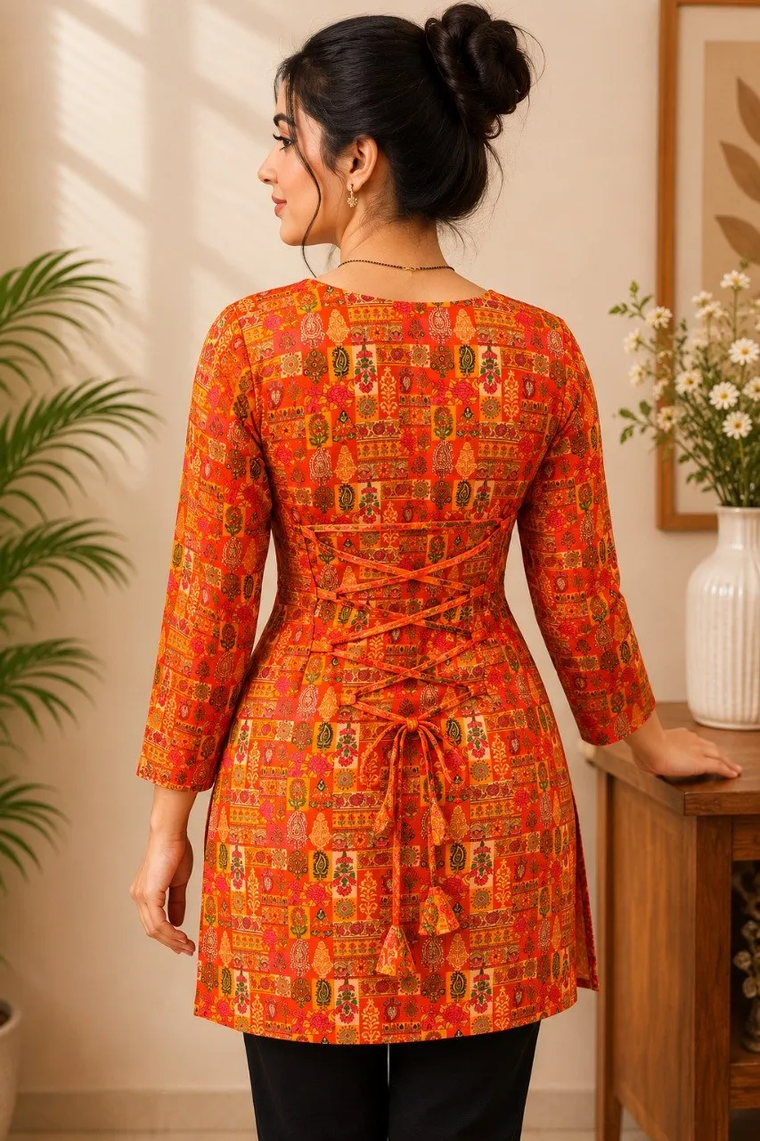 Aawiya RJ 43 Rayon Printed Fancy Orange Short Kurti
