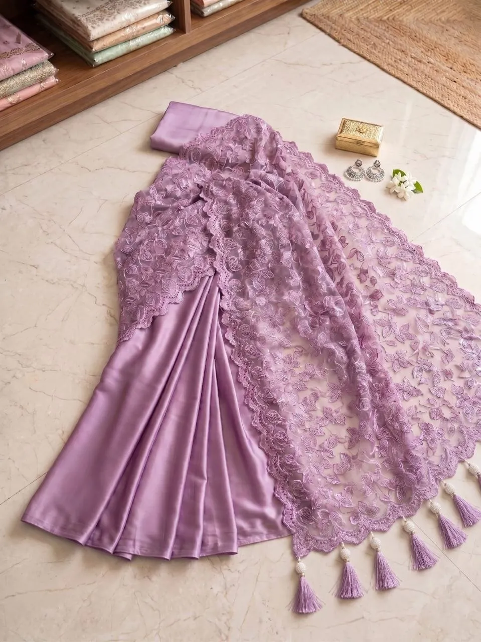 Launching RGS Lavender Grace Satin Silk Embroidery Net Work Saree 2026