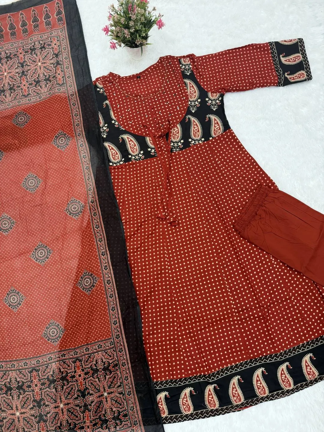 ATQ Jaipuri Cotton Hand Work Jacket Style Gown Pant Dupatta Set