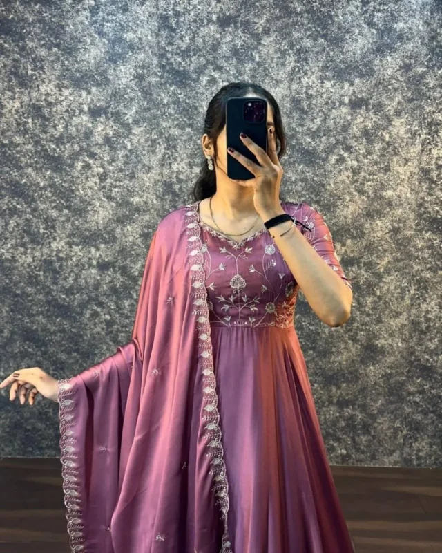 Beautiful RRD Satin Chiffon Embroidery Work Wedding Wear Gown With Dupatta Set 2026