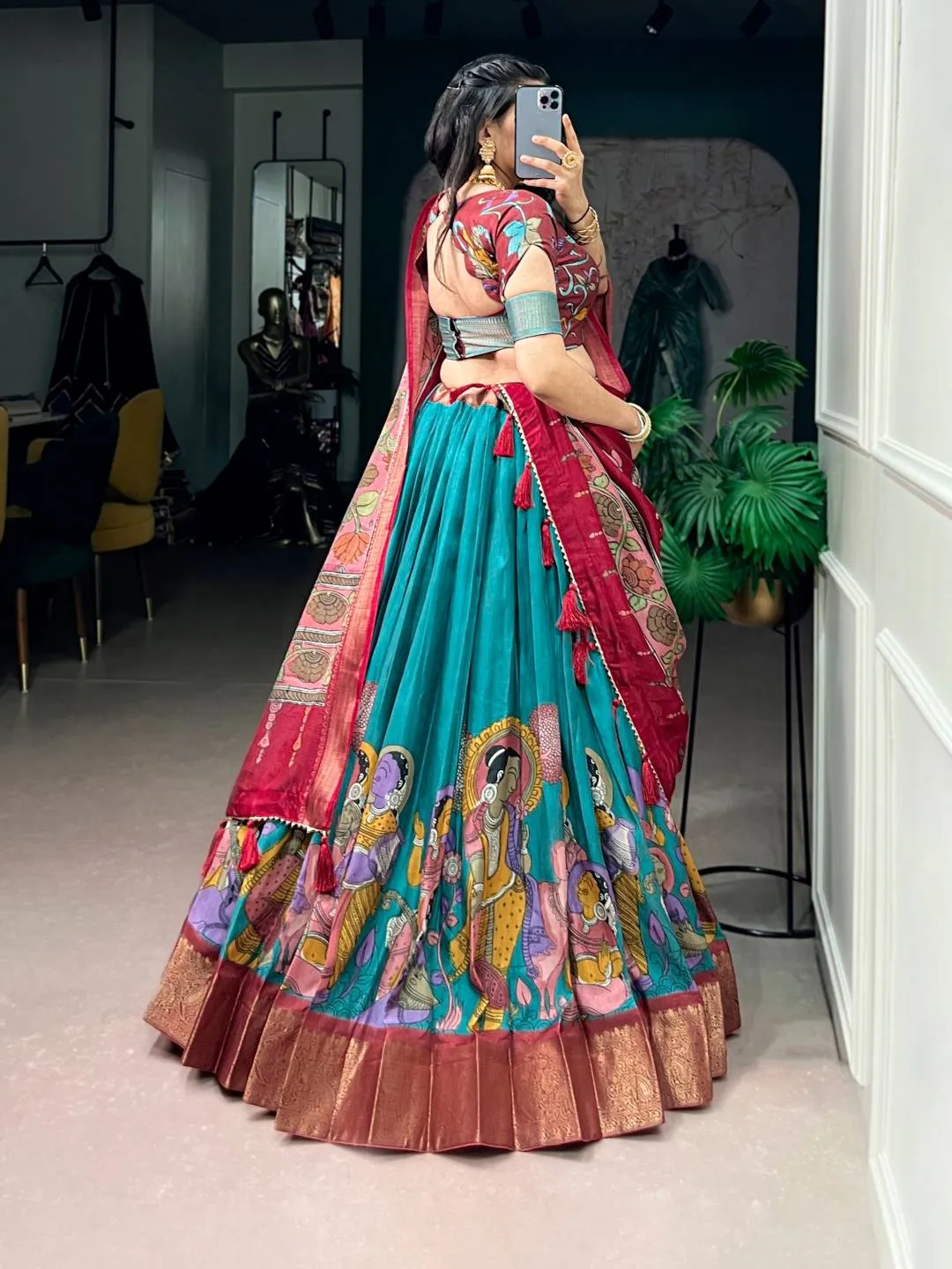 WMN 1231 Dola Silk Kalamkari Zari Work Festival Lehenga Choli in India