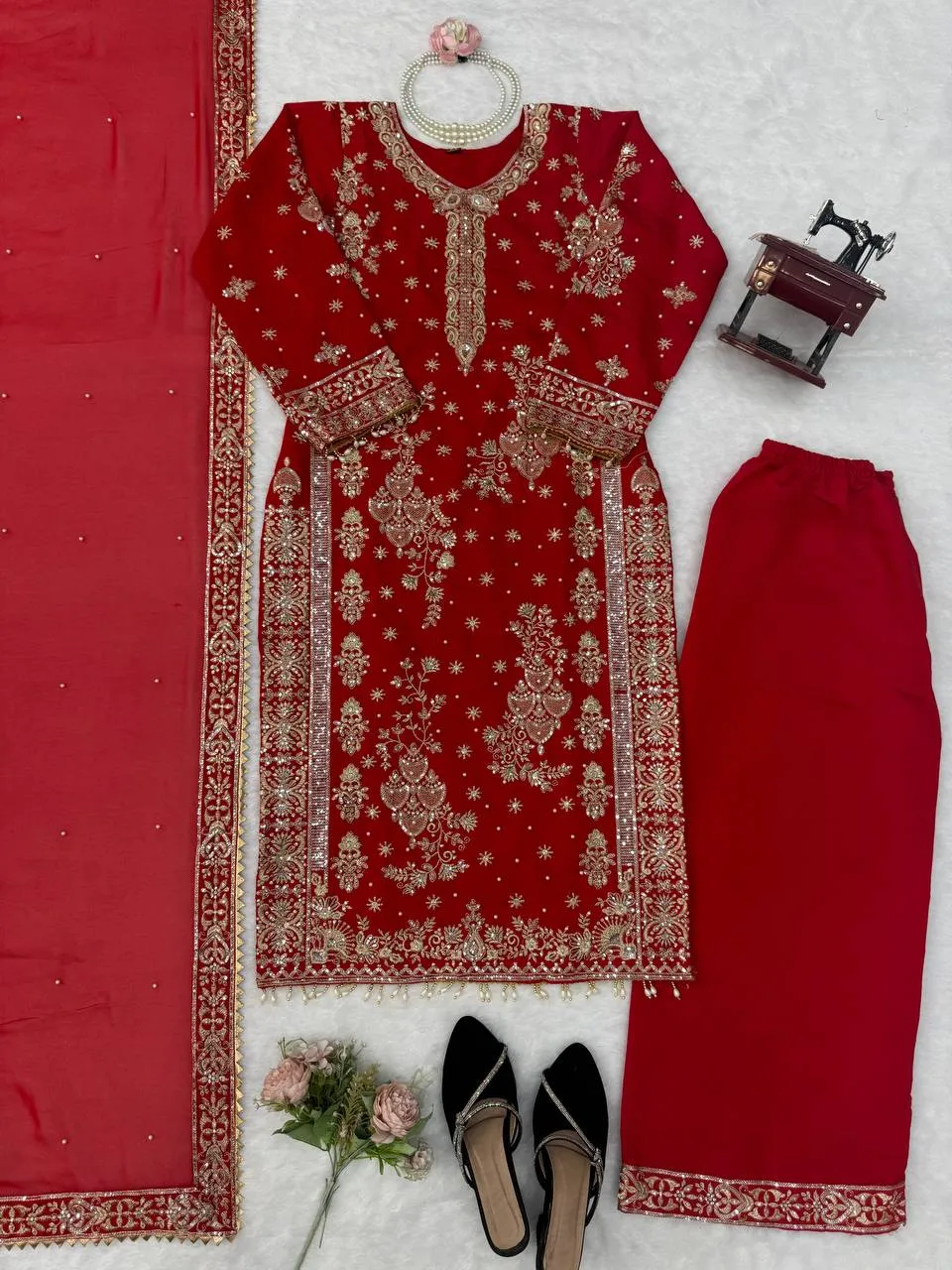 Latest Deepika 6040 Roman Silk Thread Work Wedding Pakistani Kurti Palazzo Dupatta Set 2026