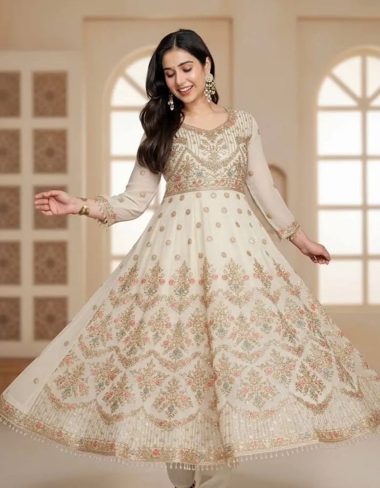 Latest STD 6124 Blooming Thread Embroidery Work Festival Anarkali Gown Pant Dupatta 2026