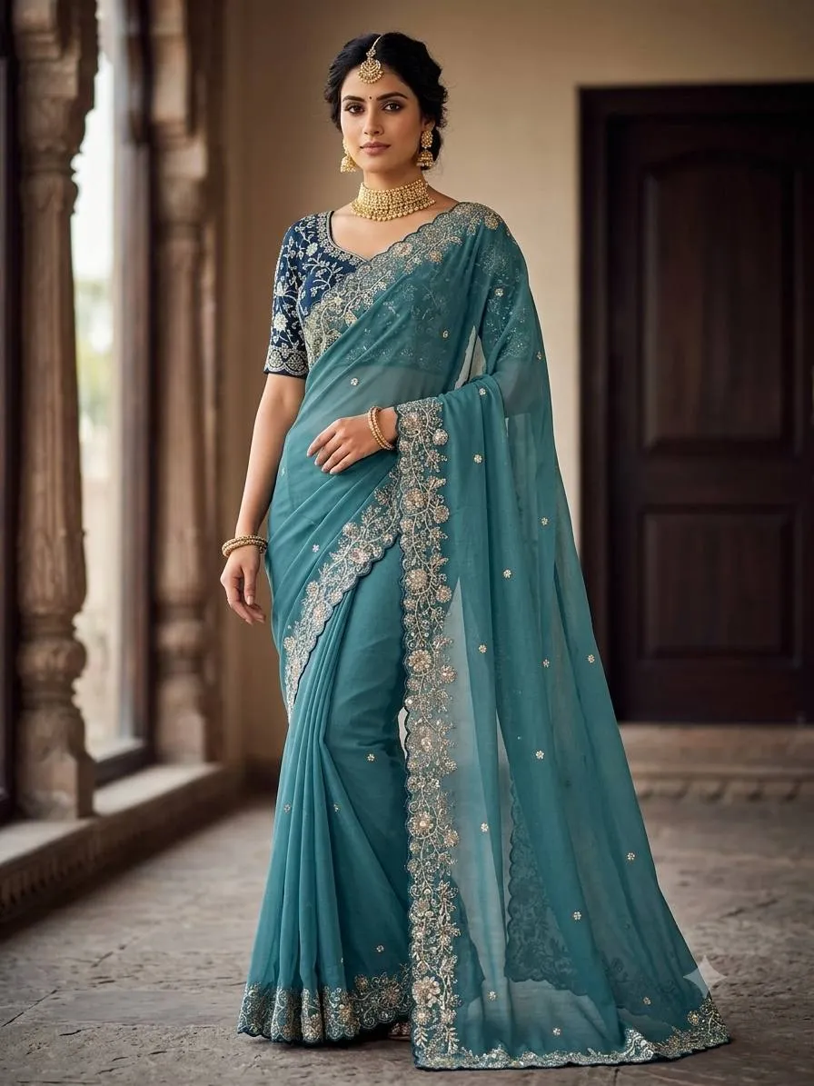 Kusum Star Georgette Silk Thread Embroidery Work Saree Market in India