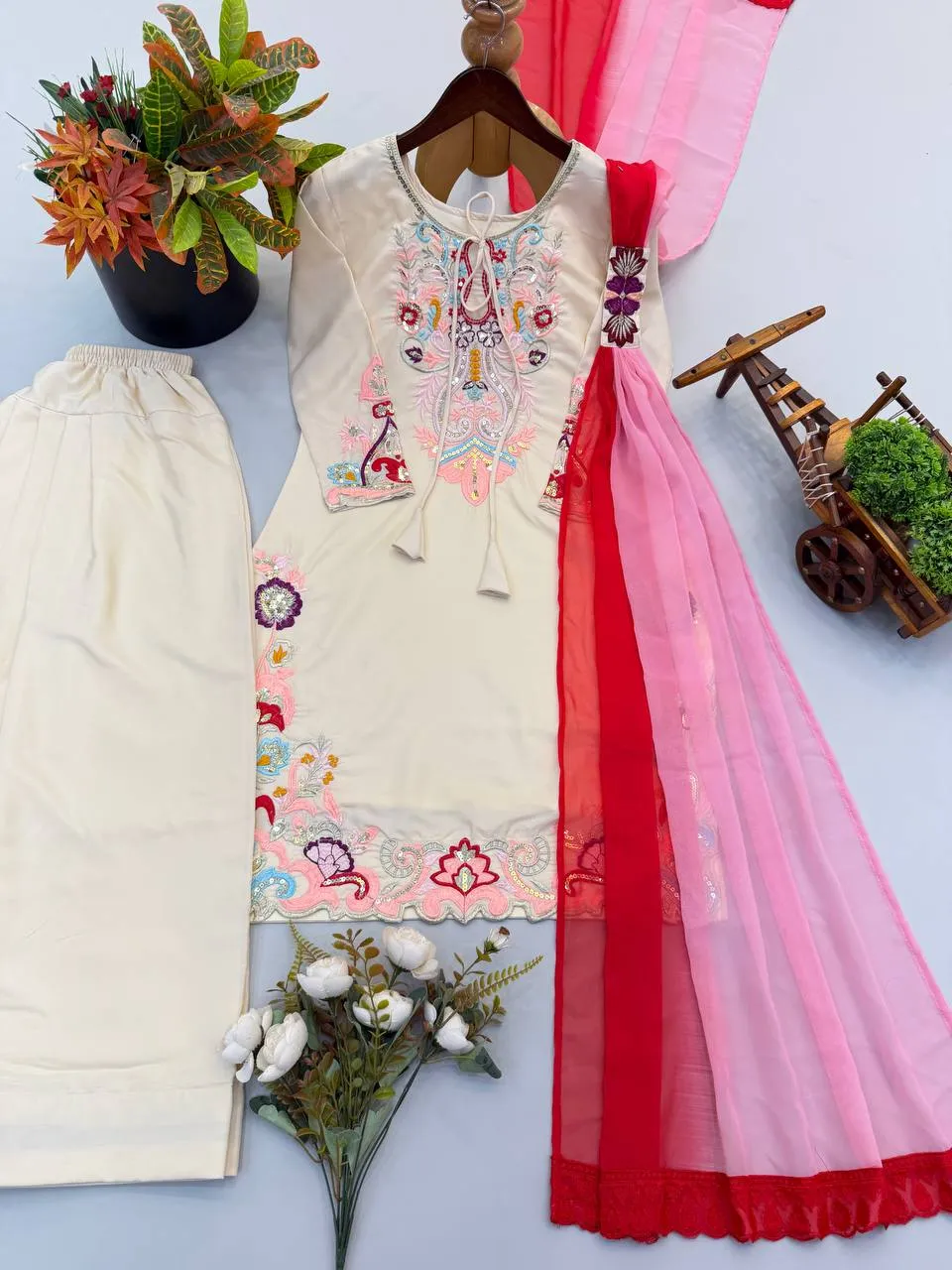 Beautiful Sabina 1714 Natural Satin Embroidery Work Party Wear Kurti Pant Dupatta 2026