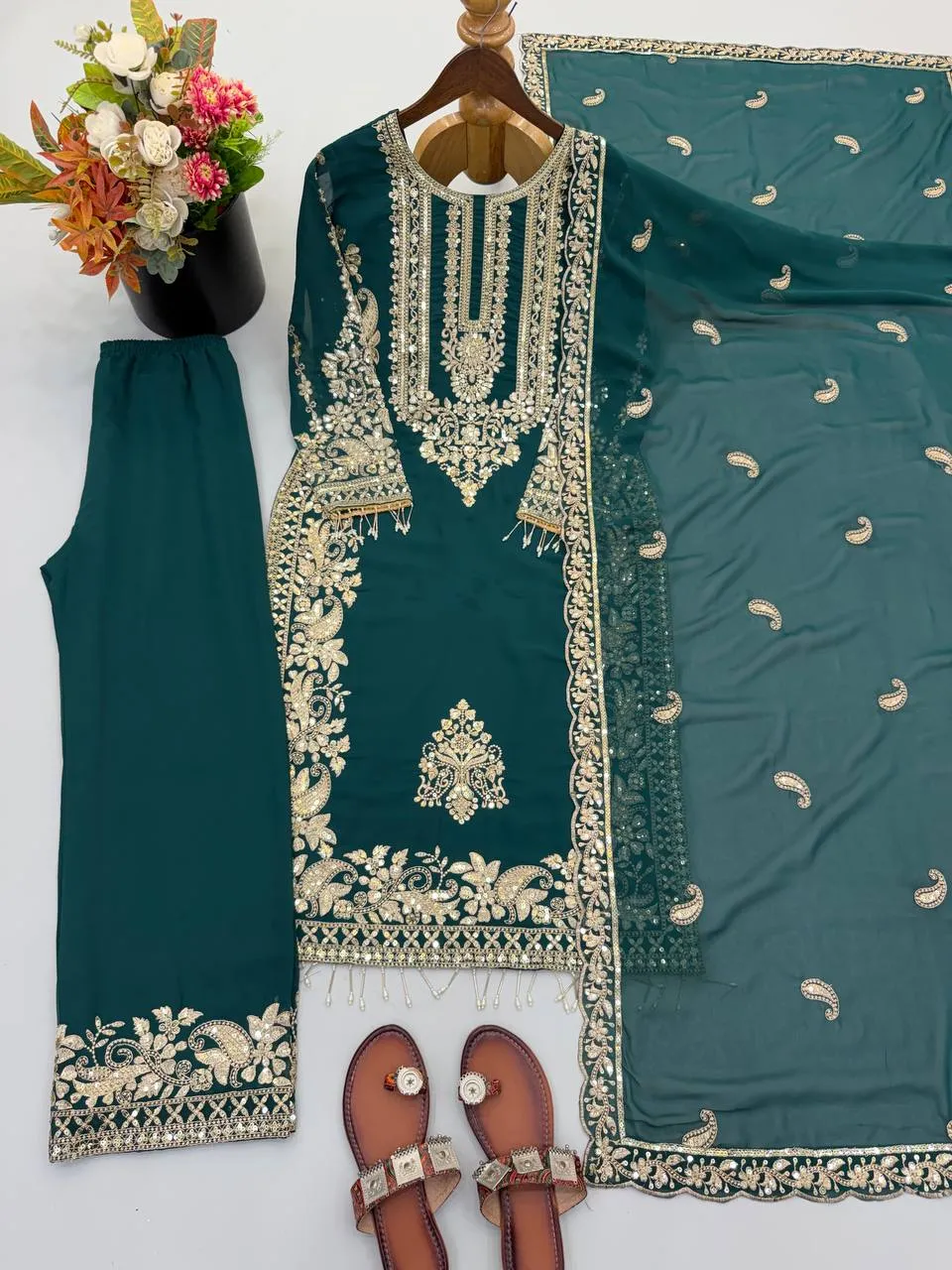 Sabina 1716 Georgette Embroidery Sequence Work Pakistani Kurti Pant Dupatta Set