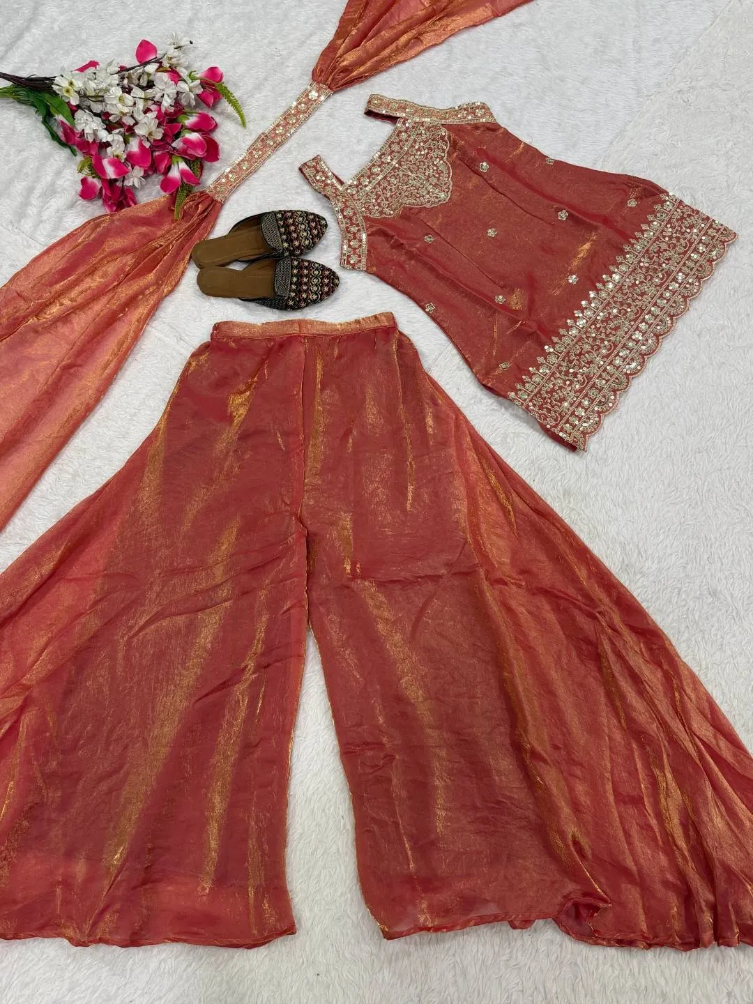 Beautiful FFD Mumtaz Fandy Silk Sequence Embroidery Work Party Wear Sharara Suit 2026