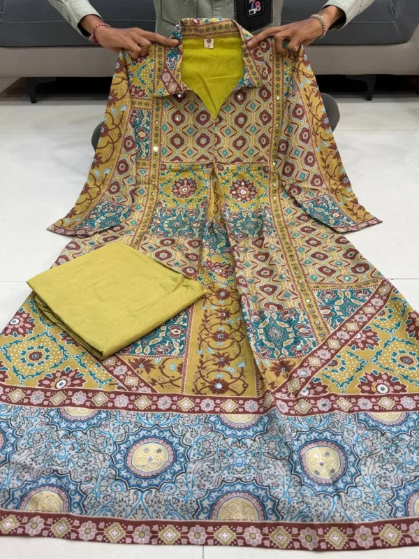 Launching Yasu Freya Natural Crape Mirror Work Ajrakh Printed Long Kurti Pant Set 2026