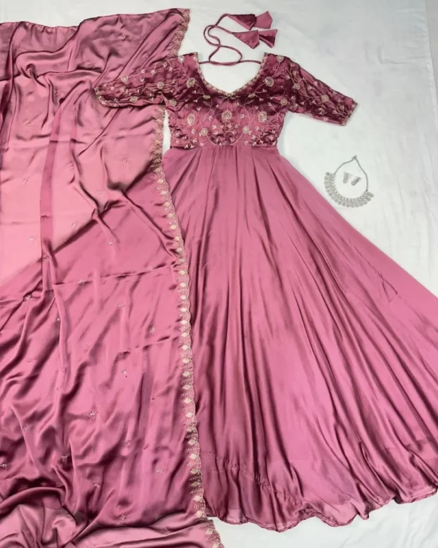 Beautiful RRD Satin Chiffon Embroidery Work Wedding Wear Gown With Dupatta Set 2026