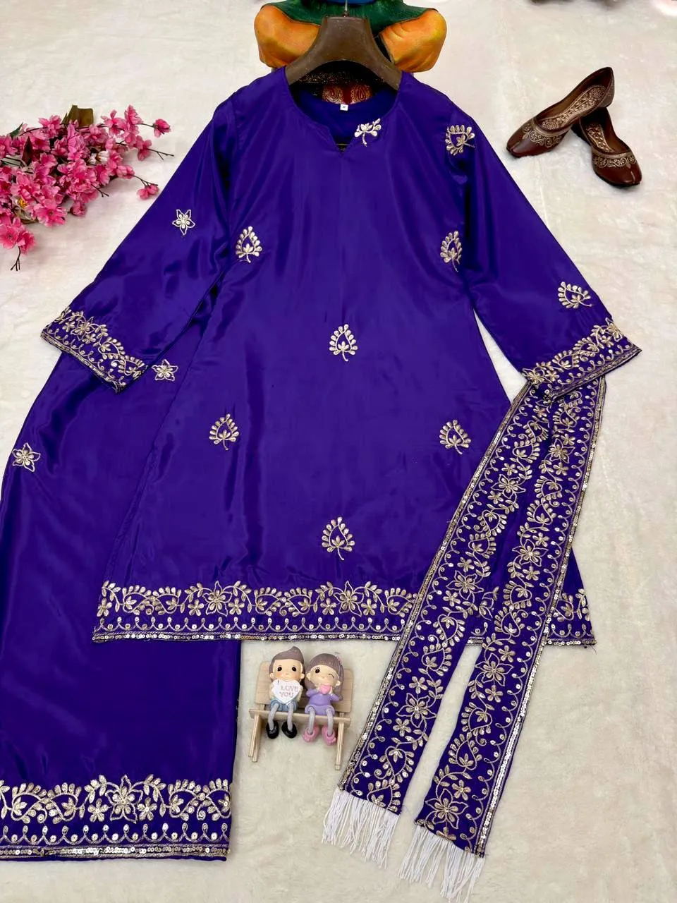 C585 243 French Crepe Sequence Embroidery Work Wedding Wear Kurti Plazzo Set