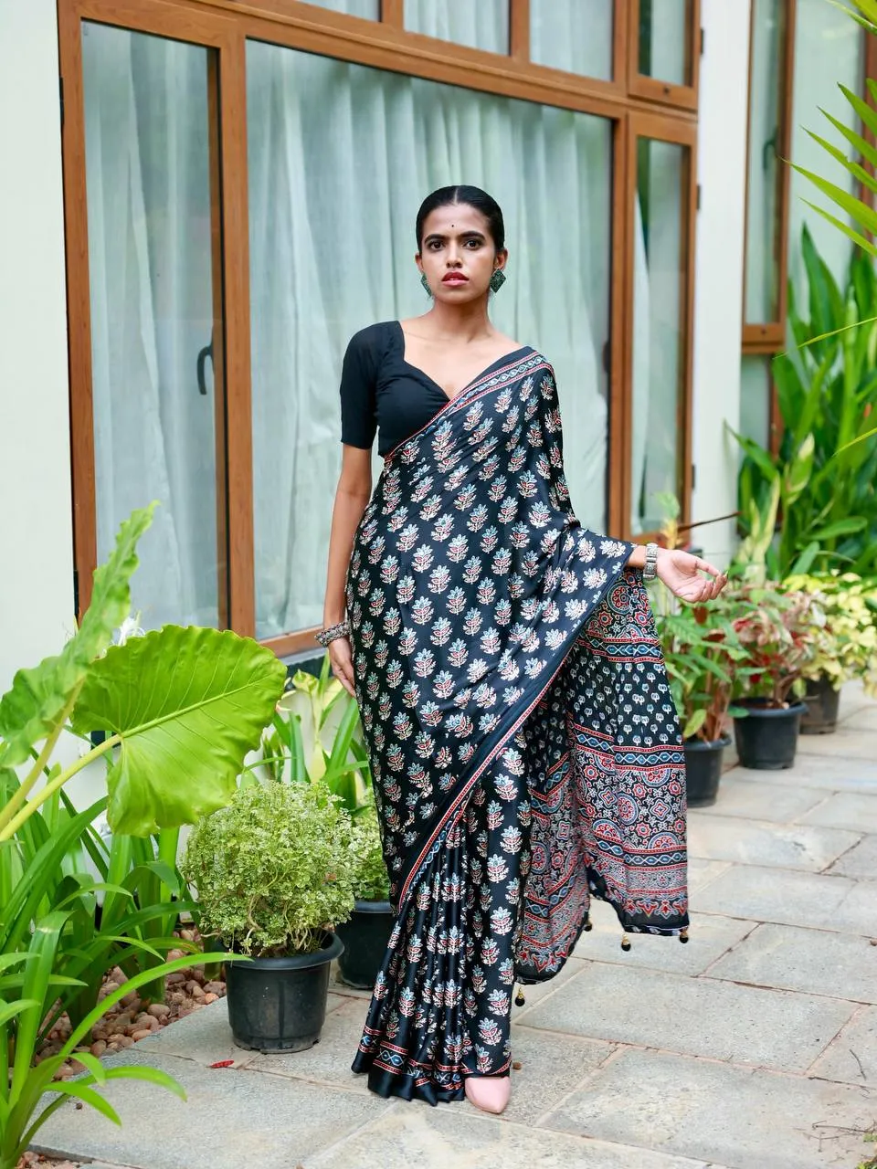 Launching SS1010 5603 Satin Crep Ajarakh Printed Mirror Work Saree Collection 2026