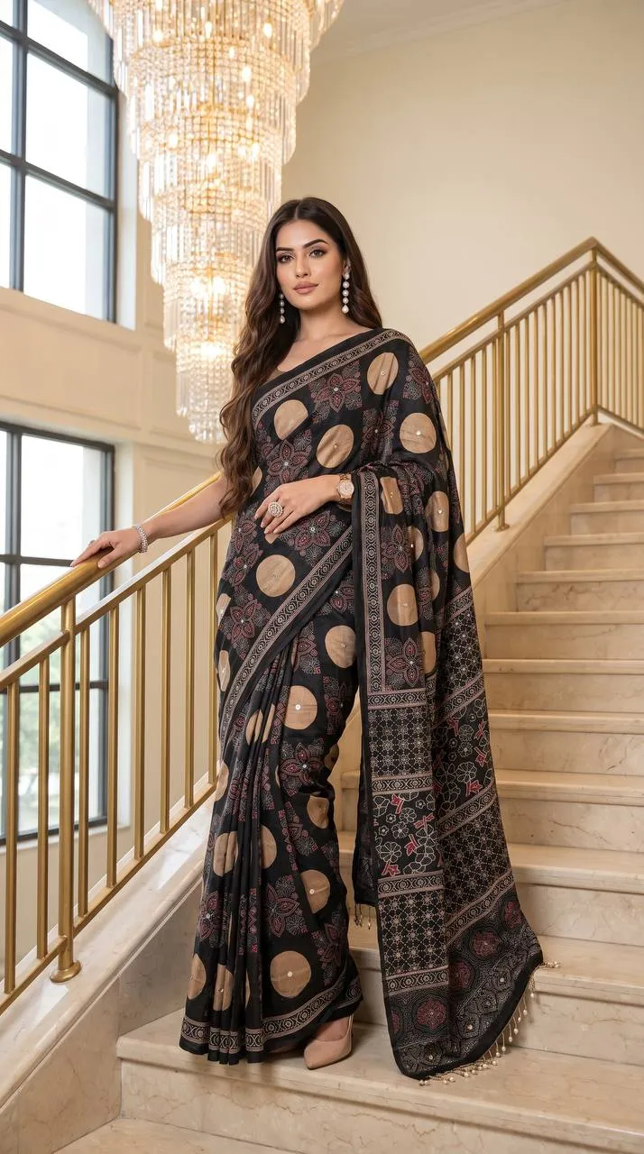 Stylish WMS Model Silk Ajarakh Printed Mirror Work Party Wear Saree 2026