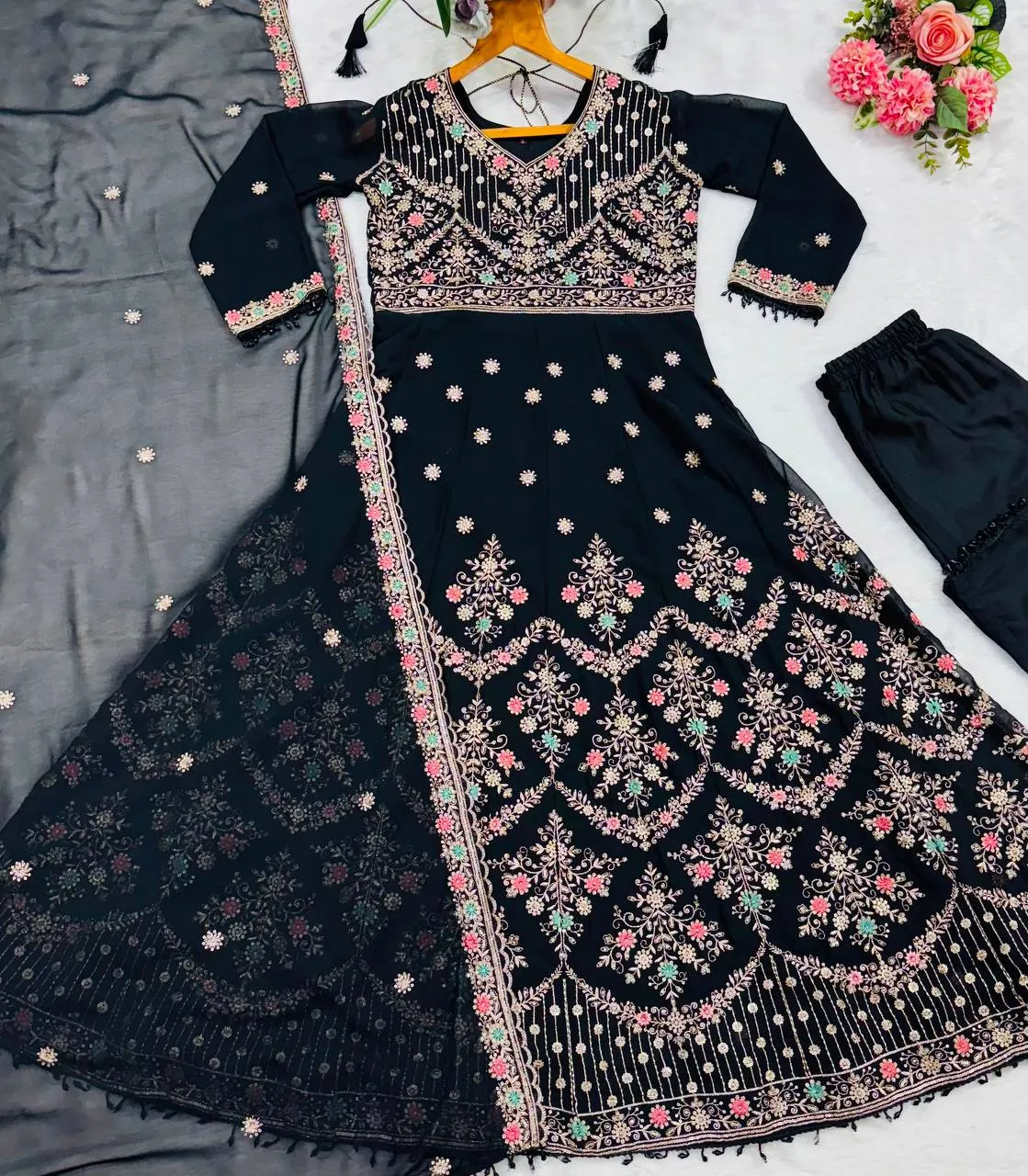 Latest STD 6124 Blooming Thread Embroidery Work Festival Anarkali Gown Pant Dupatta 2026