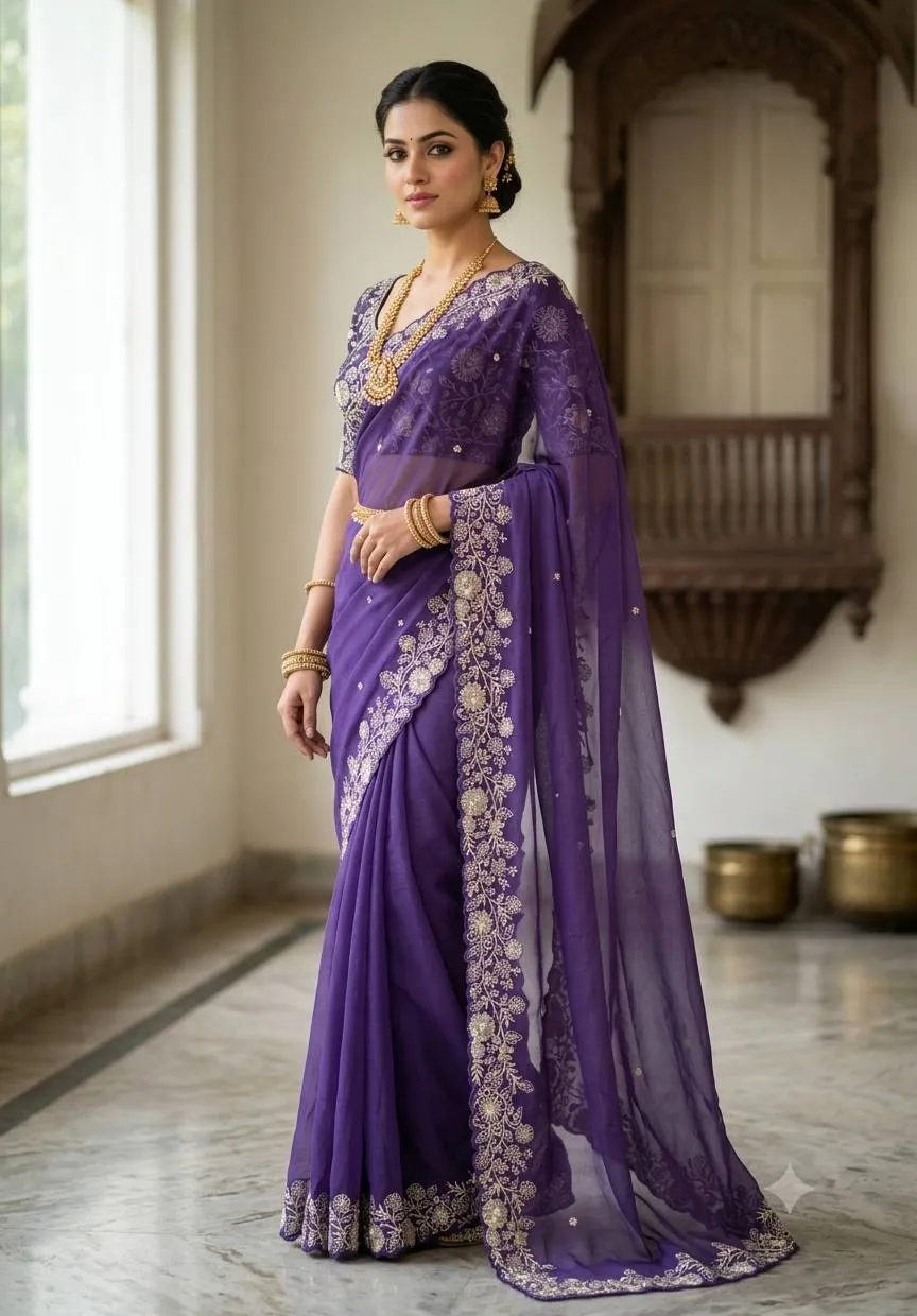 Kusum Star Georgette Silk Thread Embroidery Work Saree Market in India