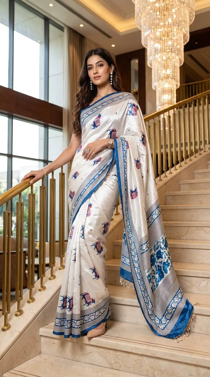 Stylish WMS Model Silk Ajarakh Printed Mirror Work Party Wear Saree 2026