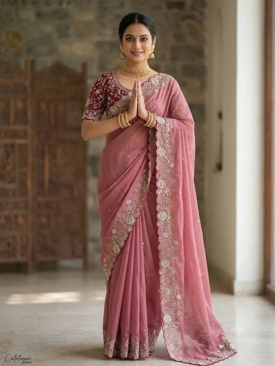Kusum Star Georgette Silk Thread Embroidery Work Saree Market in India