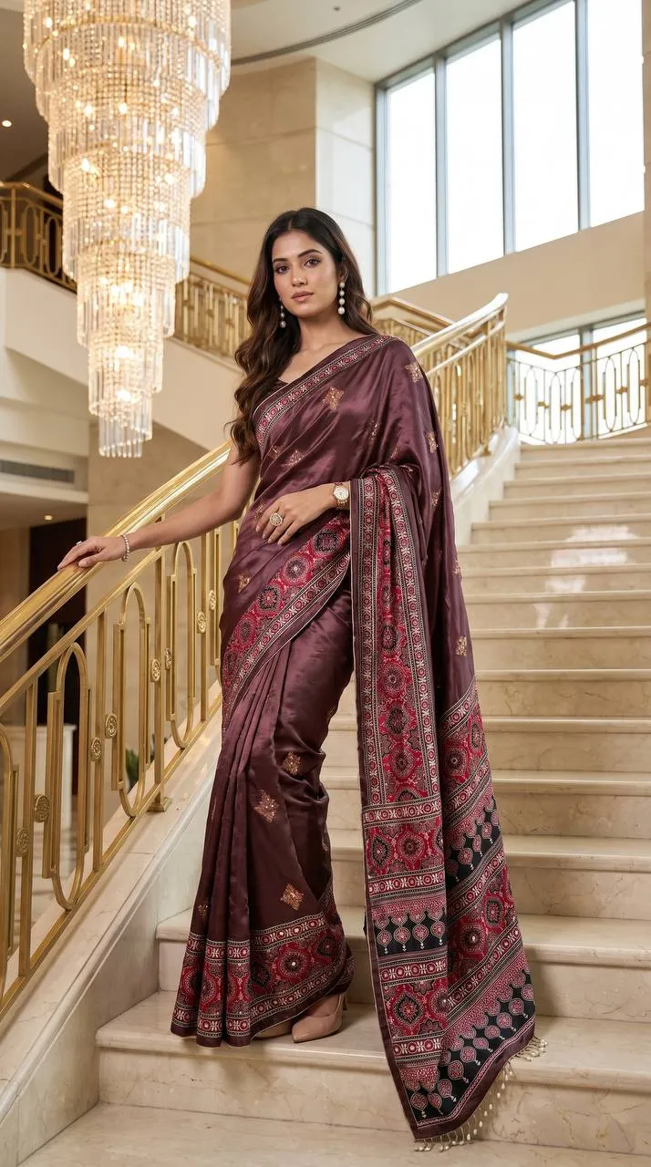 Stylish WMS Model Silk Ajarakh Printed Mirror Work Party Wear Saree 2026
