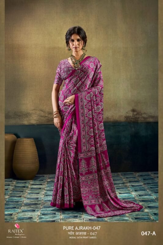 Launching Rajtex Pure Ajrakh 047 Satin Ajrakh Printed Saree Wholesale 2026