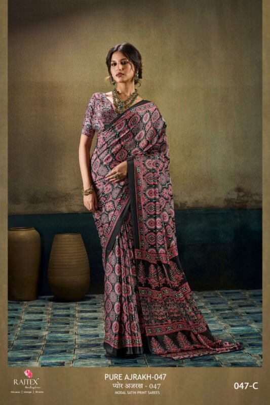 Launching Rajtex Pure Ajrakh 047 Satin Ajrakh Printed Saree Wholesale 2026