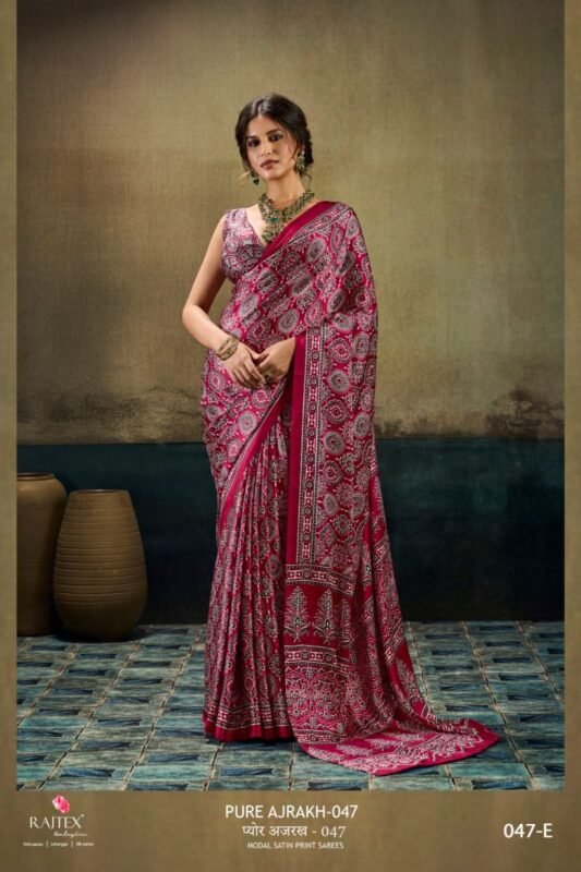 Launching Rajtex Pure Ajrakh 047 Satin Ajrakh Printed Saree Wholesale 2026