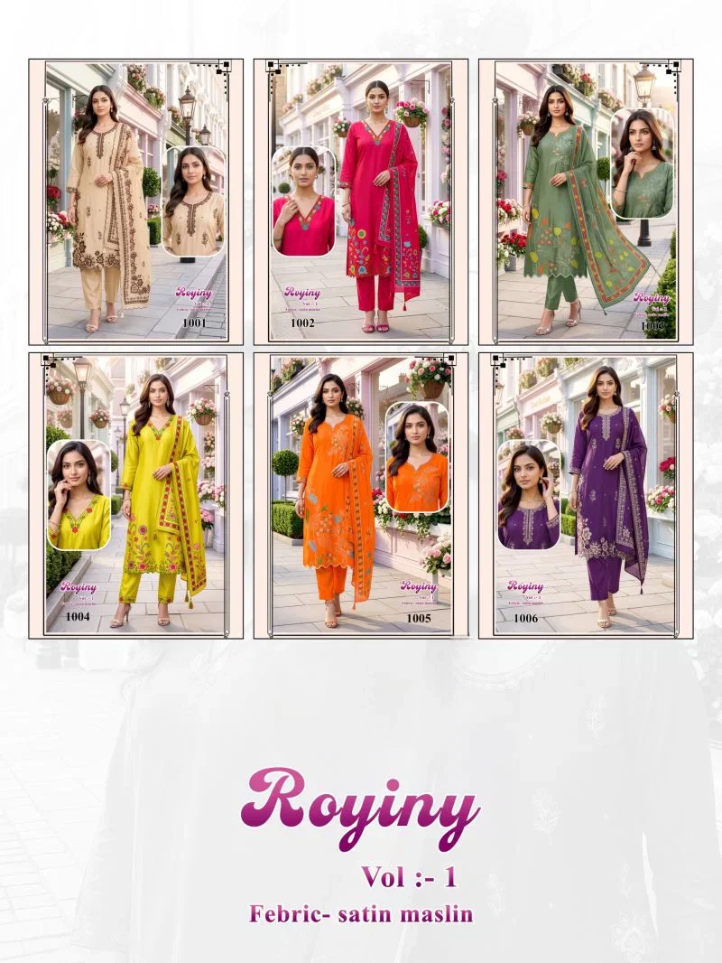 Latest Royiny Vol 1 Satin Muslin Embroidery Worked Kurti Set Collection Wholesale 2026