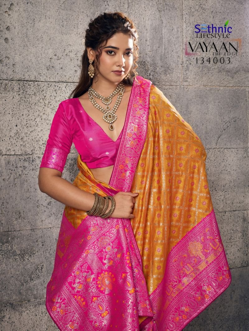 Sethnic Vayaan Banarasi Silk Zari Work Motif Patta Saree Collection Wholesale