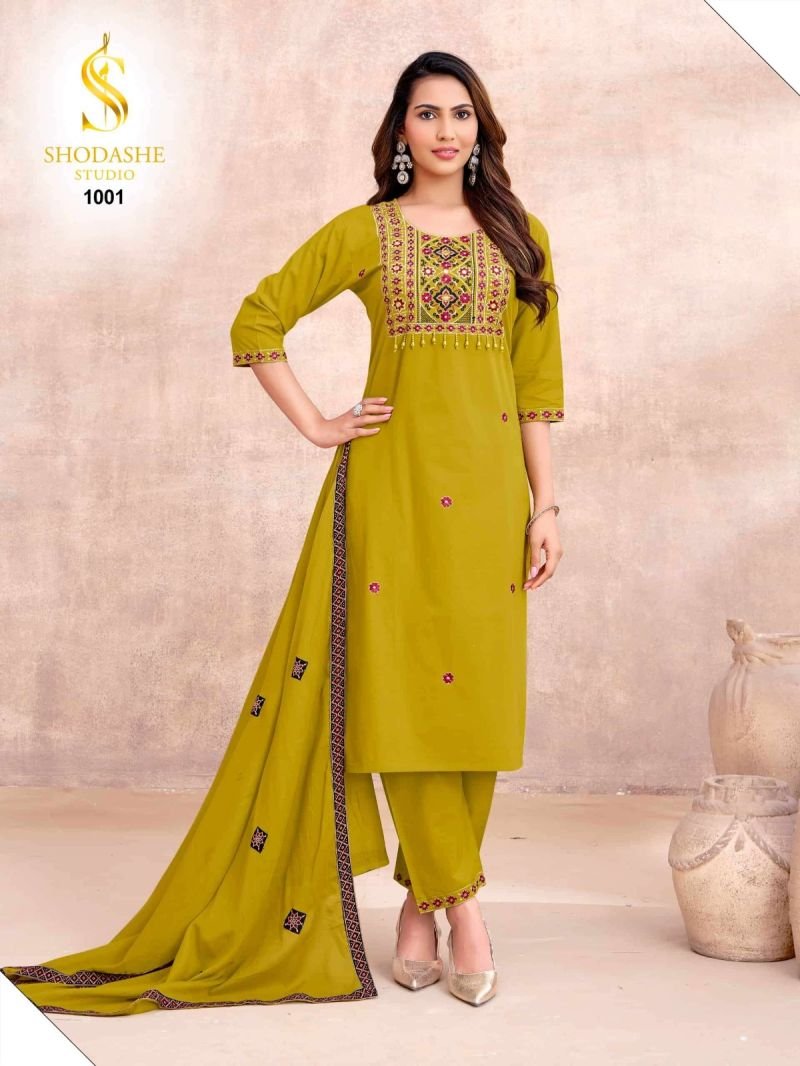 Latest Shodashe Kesar Ajrakh Cotton Thread worked Kurti With Bottom Dupatta Collection Wholesale 2026