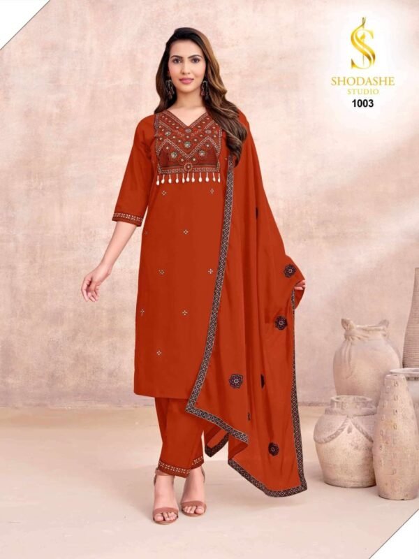 Latest Shodashe Kesar Ajrakh Cotton Thread worked Kurti With Bottom Dupatta Collection Wholesale 2026