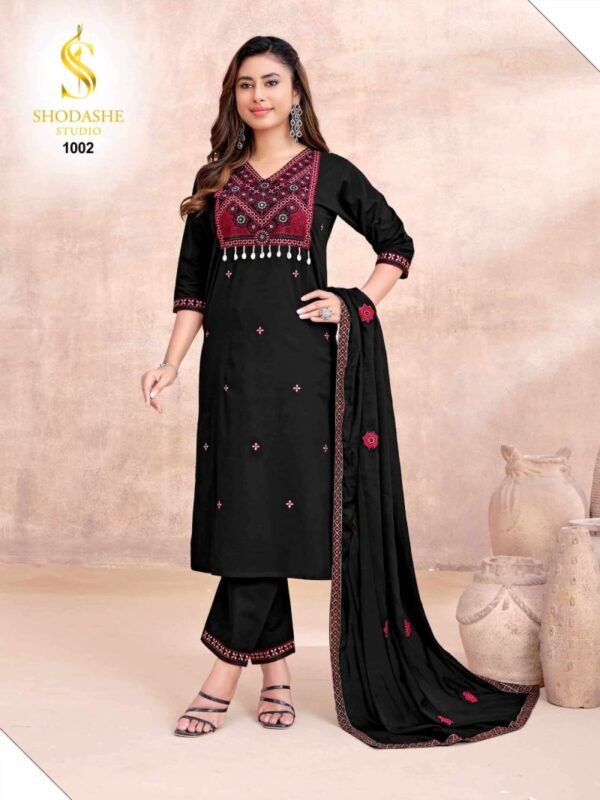Latest Shodashe Kesar Ajrakh Cotton Thread worked Kurti With Bottom Dupatta Collection Wholesale 2026