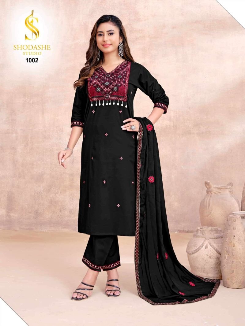 Latest Shodashe Kesar Ajrakh Cotton Thread worked Kurti With Bottom Dupatta Collection Wholesale 2026