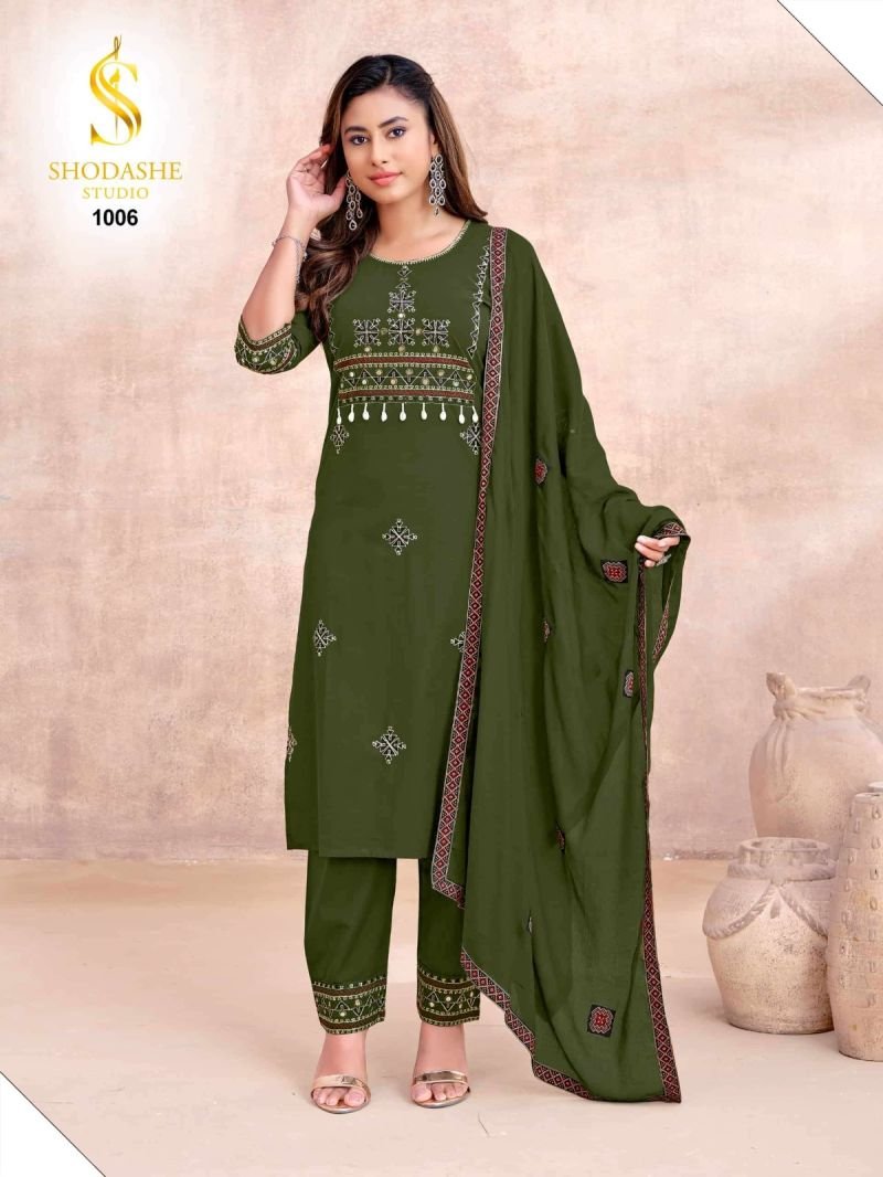 Latest Shodashe Kesar Ajrakh Cotton Thread worked Kurti With Bottom Dupatta Collection Wholesale 2026