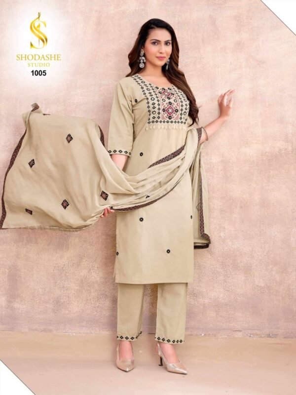 Latest Shodashe Kesar Ajrakh Cotton Thread worked Kurti With Bottom Dupatta Collection Wholesale 2026