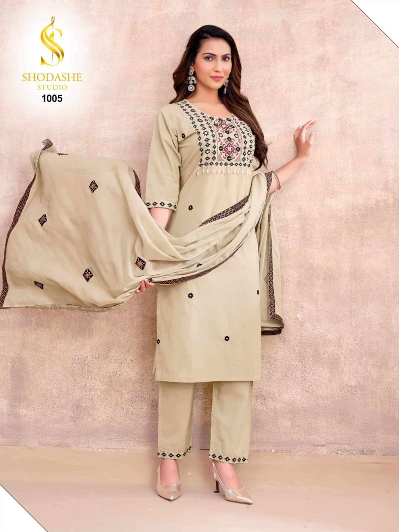 Latest Shodashe Kesar Ajrakh Cotton Thread worked Kurti With Bottom Dupatta Collection Wholesale 2026