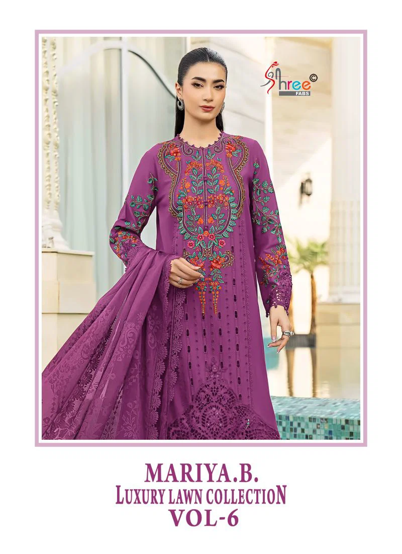 Shree Mariya B Luxury Lawn Collection Vol 6 Chiffon Dupatta Cotton Embroidered Salwar Kameez Wholesale