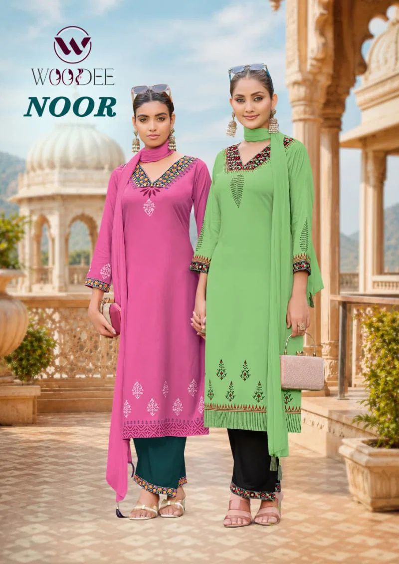 Woodee Noor Rayon Thread Work Kurti With Bottom Dupatta Wholesale