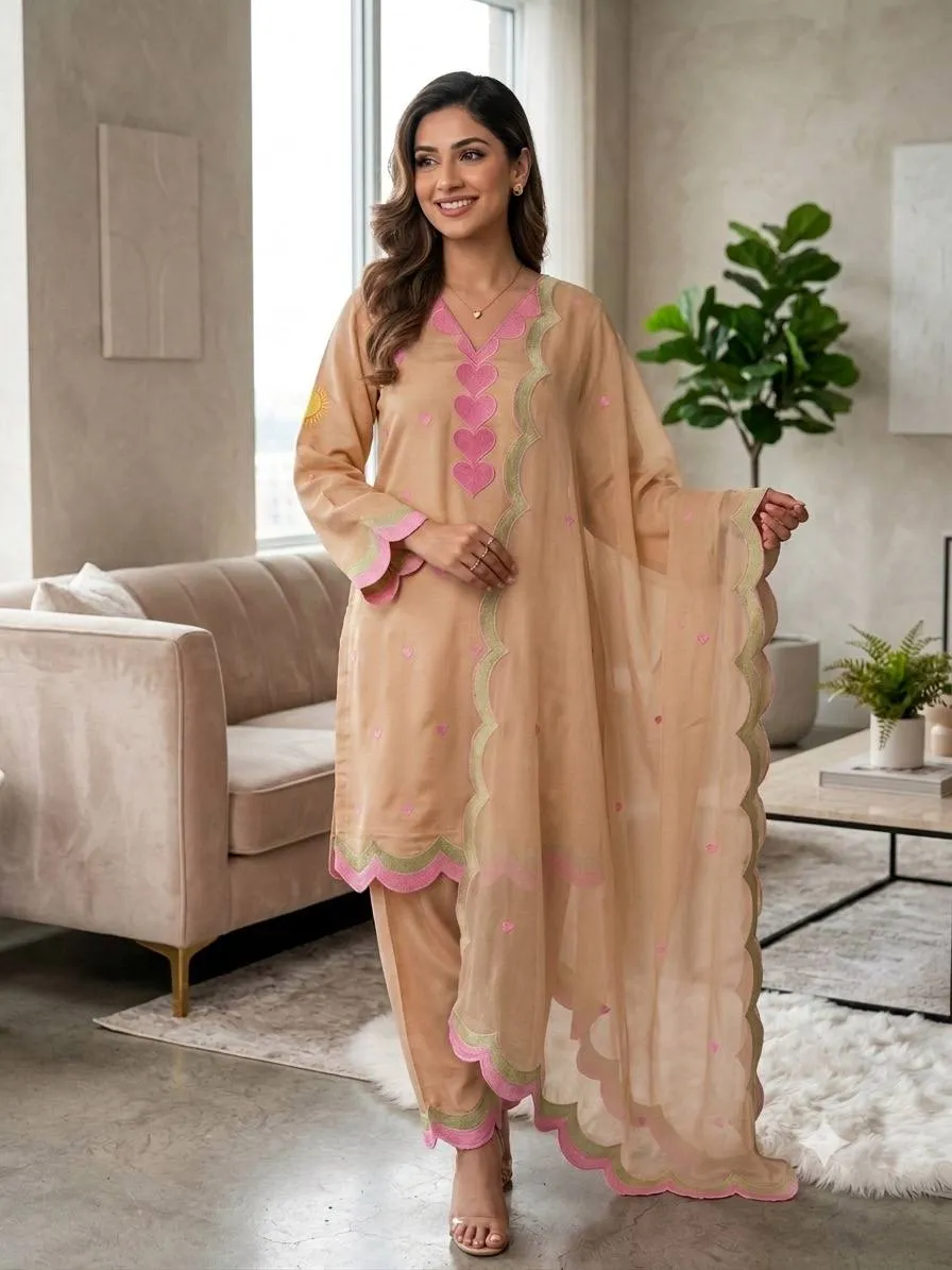 BV 490 Mul Chanderi With Embroidery Work Top Salwaar With Dupatta Set