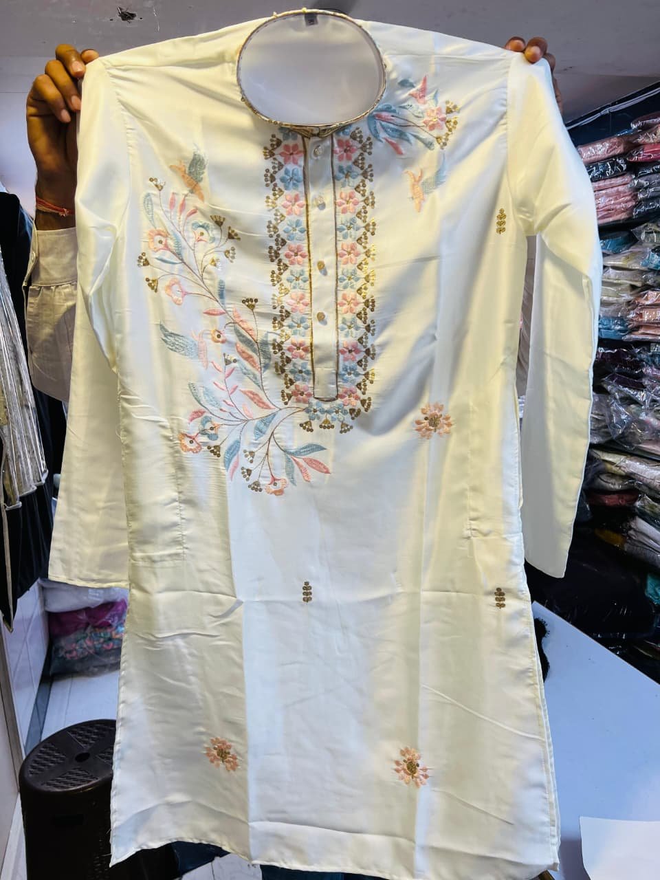 Lekha Mald 23 Malai Satin Embroidery Galla Work Mens Kurta Pajama Wholesale