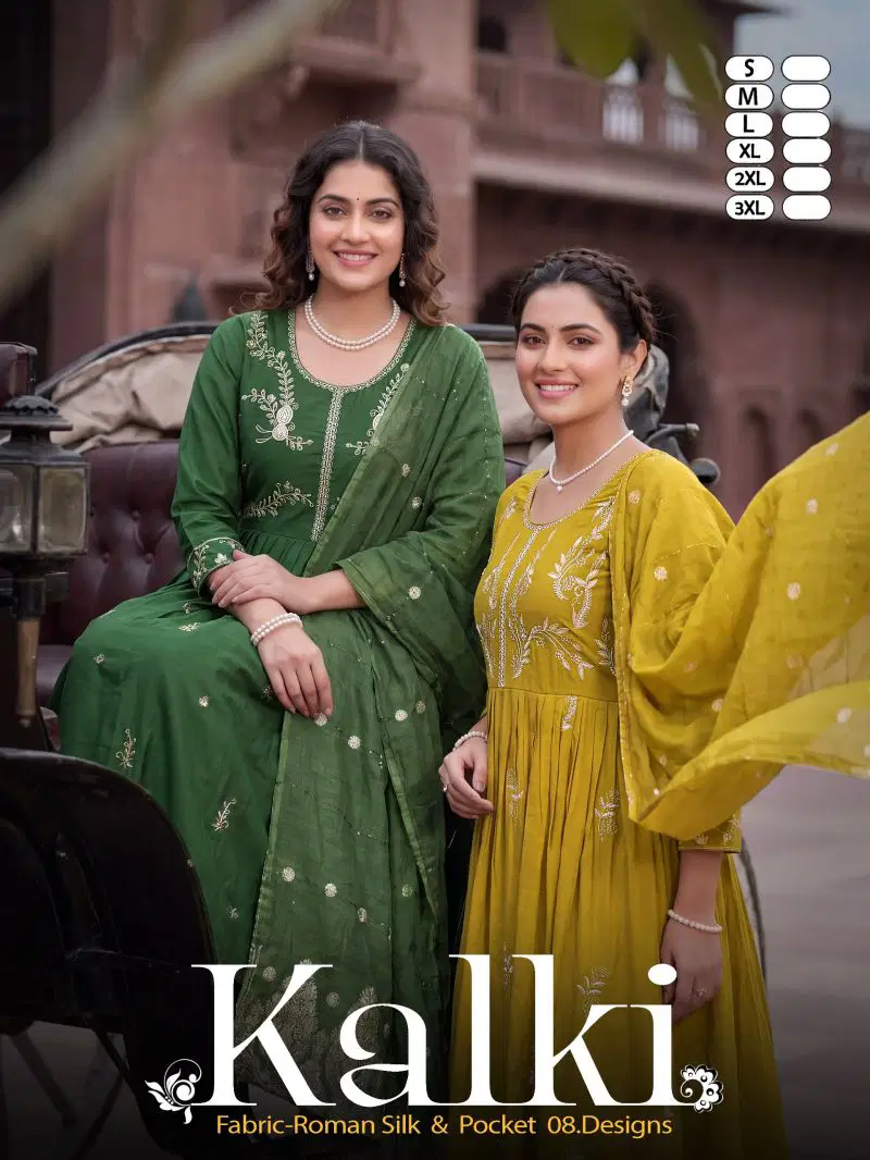Kalki Vol 2 Roman Silk Plain Dori Sequence Worked Kurti Set Wholesale