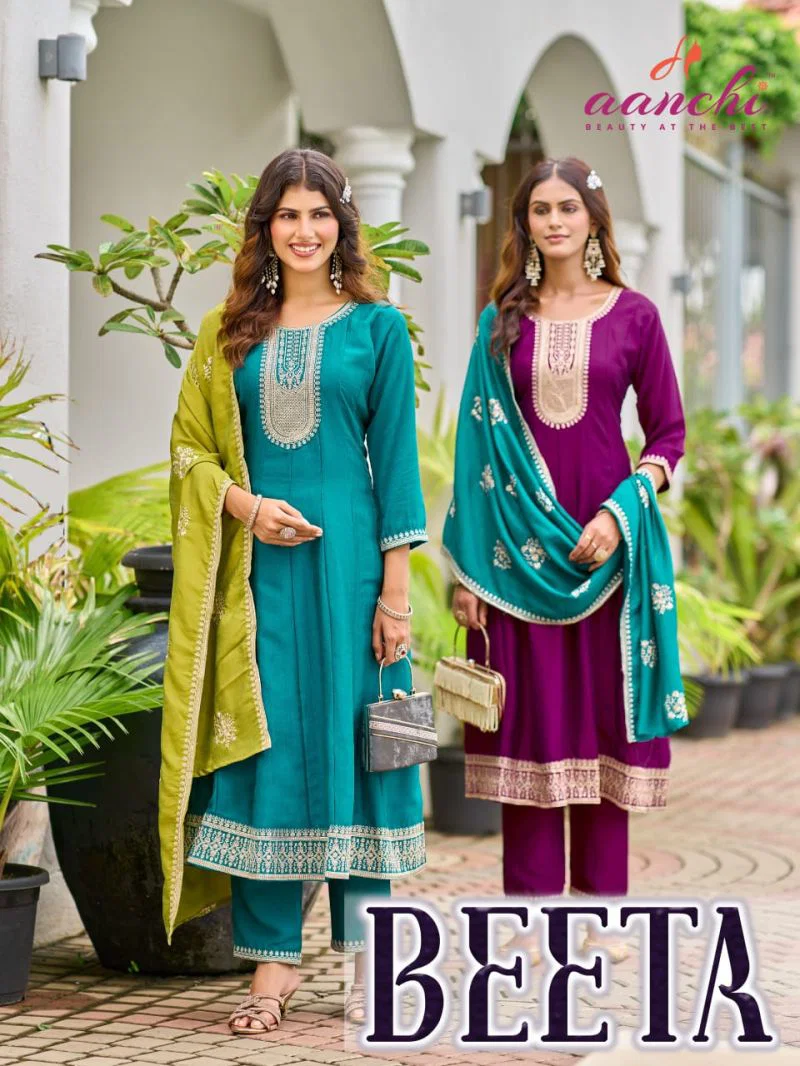 Aanchi Beeta Vichitra Silk Embroidered Anarkali Kurti With Bottom Dupatta Wholesale