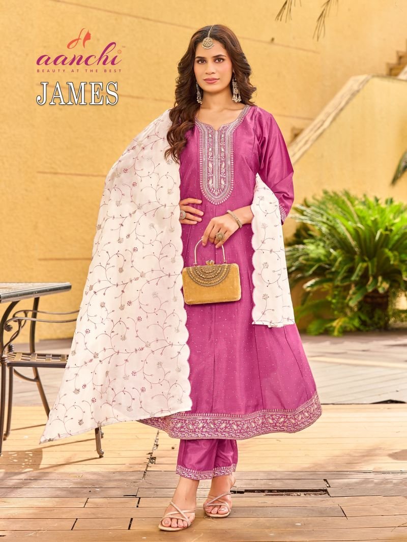 Beautiful Aanchi James Crystal Silk Embroidered Kurti With Bottom Dupatta Wholesale 2026