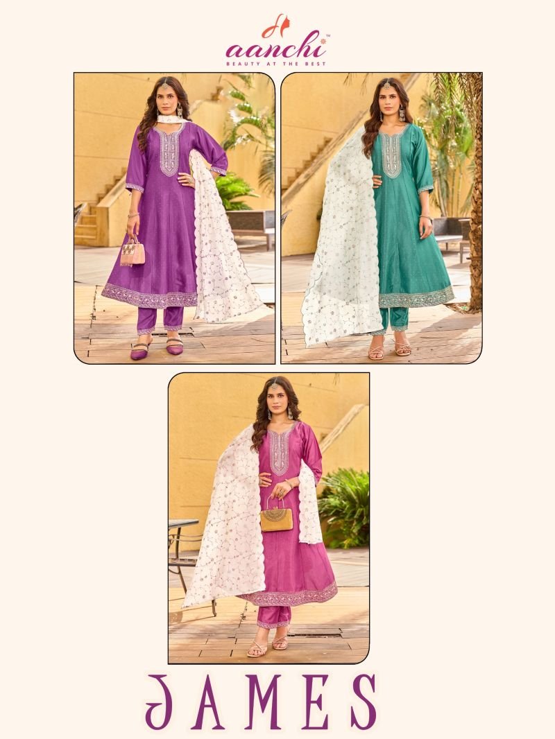 Beautiful Aanchi James Crystal Silk Embroidered Kurti With Bottom Dupatta Wholesale 2026
