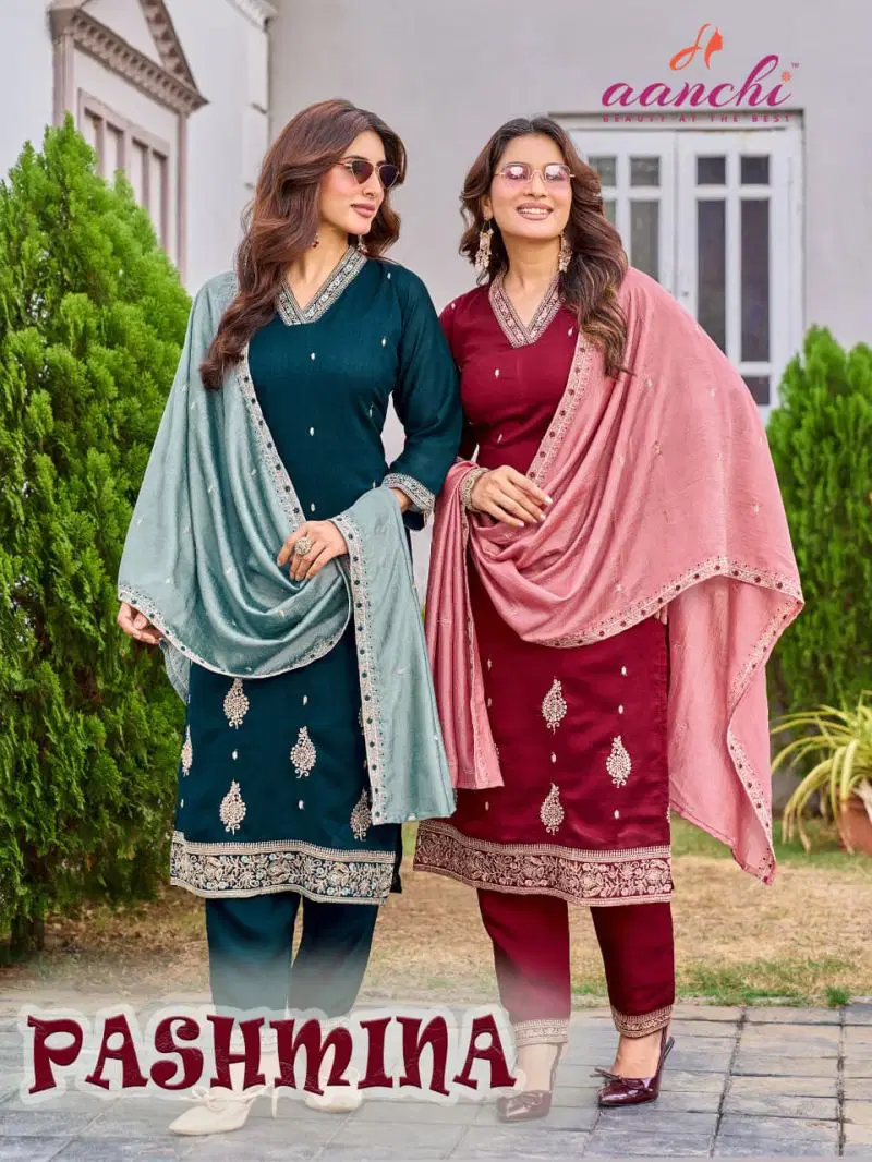 Aanchi Pashmina Vichitra Silk Fancy Embroidered Kurti With Bottom Dupatta Wholesale