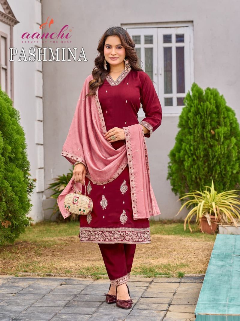 Buy Aanchi Pashmina Vichitra Silk Fancy Embroidered Kurti With Bottom Dupatta Wholesale 2026