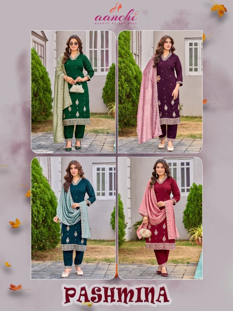 Buy Aanchi Pashmina Vichitra Silk Fancy Embroidered Kurti With Bottom Dupatta Wholesale 2026